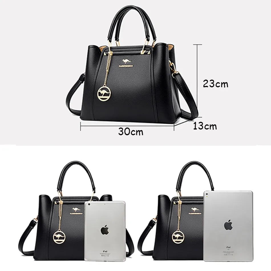 Women's Soft Leather Kangaroo Pendant Shoulder Casual Tote Handbags